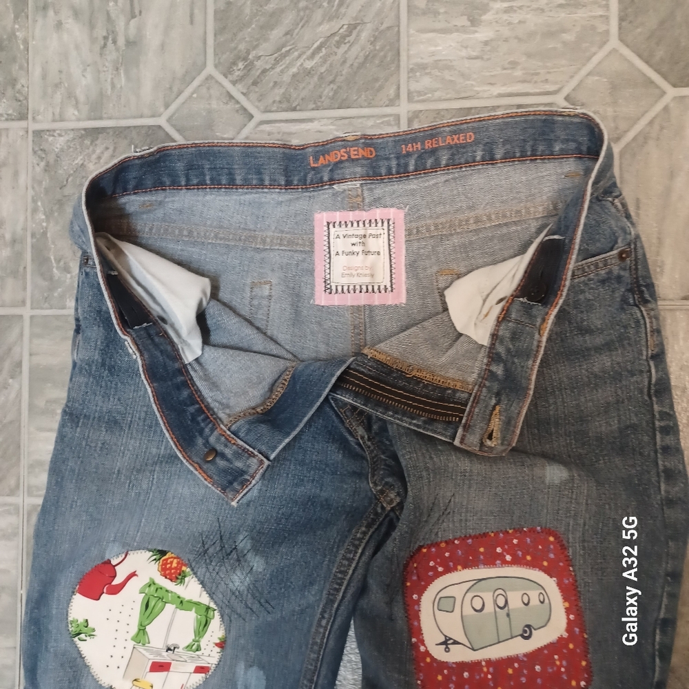 Lands' End Blue Ankle Cropped Jeans with Playful Patchwork Size 14 - Picture 14 of 14
